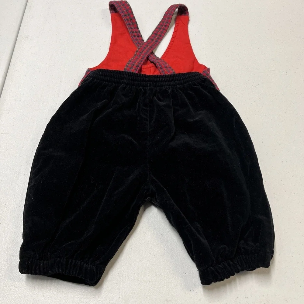 Vintage Knickers Overalls Baby Boy 18M Black Velvet‎ Velour Plaid Vest One Piece